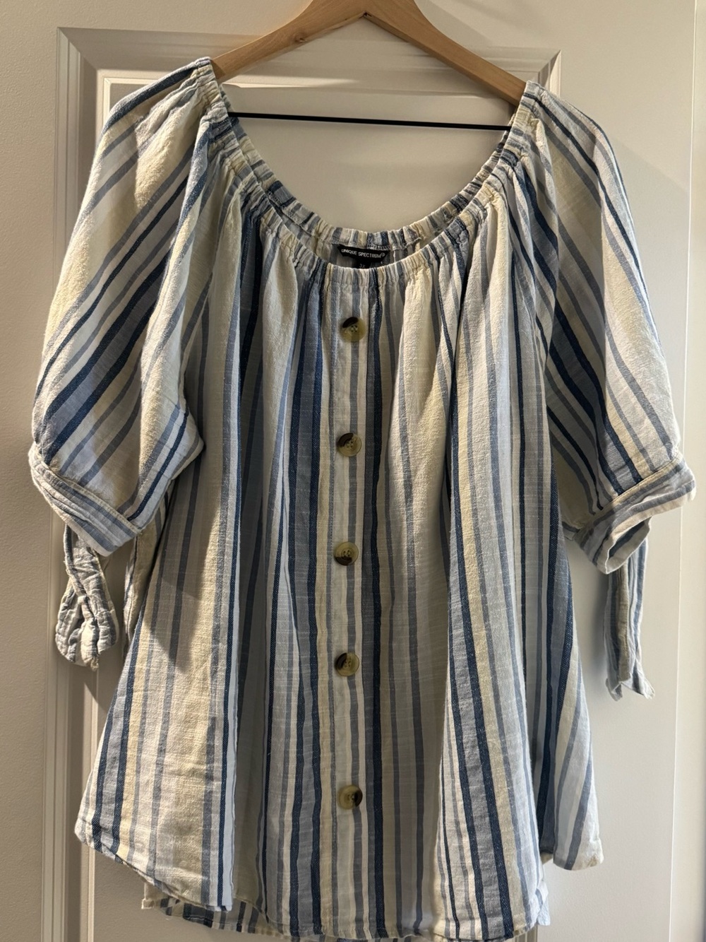 Unique Spectrum Blue & White Striped Off-Shoulder Button Top